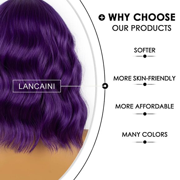 Women Dark Purple Loose Wavy Wig Curly Wavy Shoulder Length Bob - Picture 3 of 3